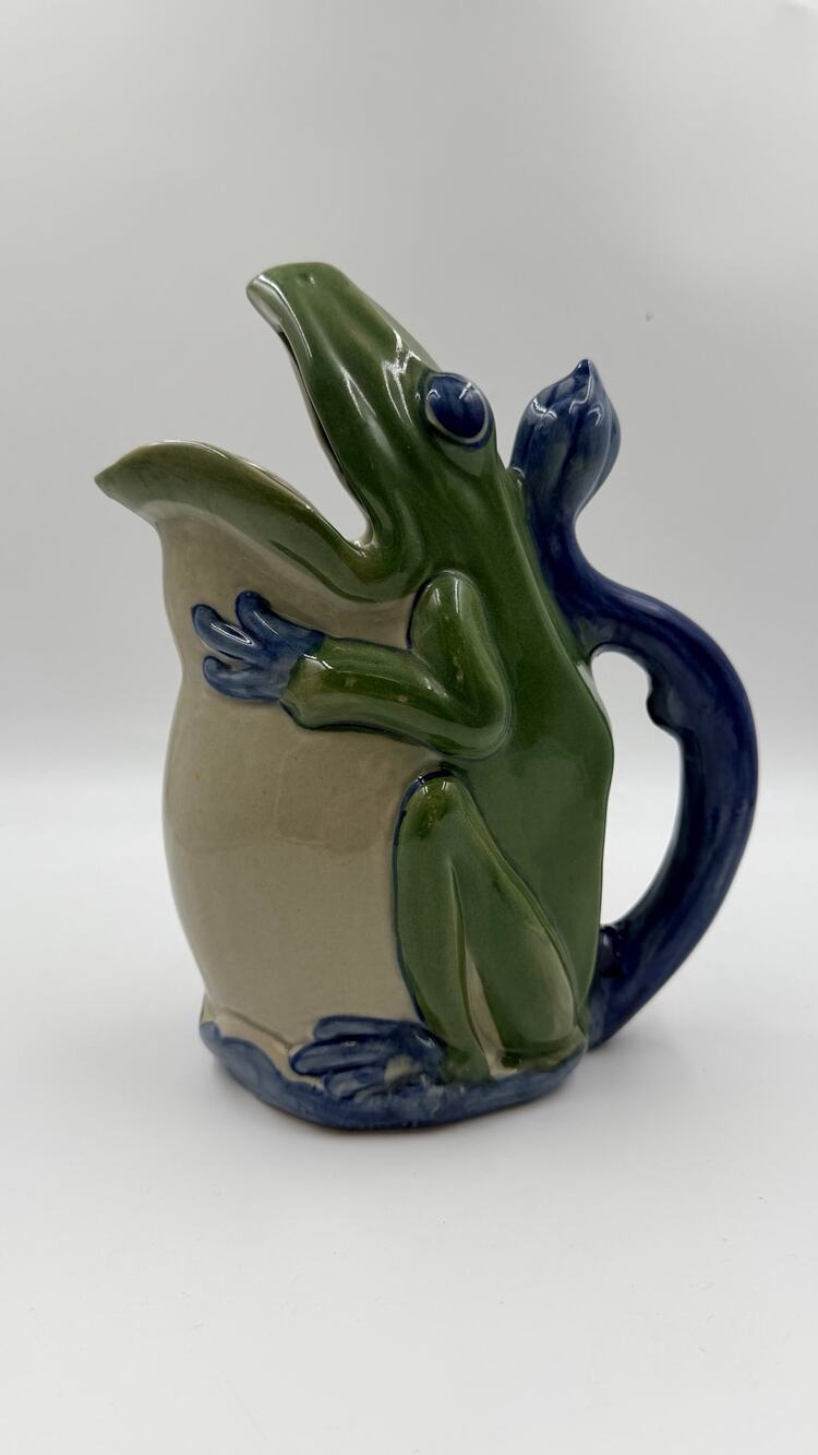 Vintage WCL China Green Blue Frog Ceramic Pitcher 8.75” Hand Painted